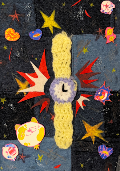 sketchbook page combining multiple textures and mediums. A crochet watch tells you you're late.